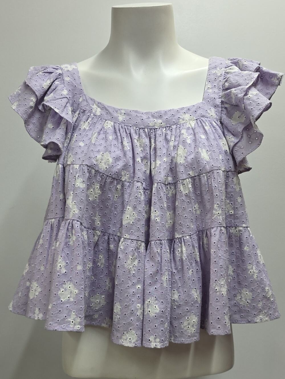Maia Bergman Lilac Eyelet Ruffle Sleeve Square-Neck Women’s Top XS Romantic